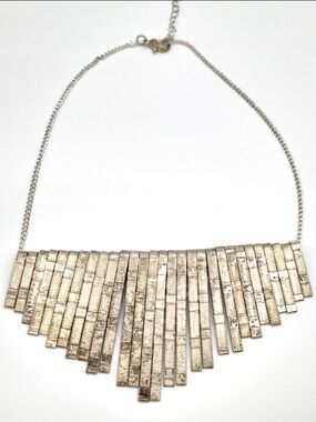 Vintage Silver Fringe Necklace Statement Bib Industrial Modern Patina